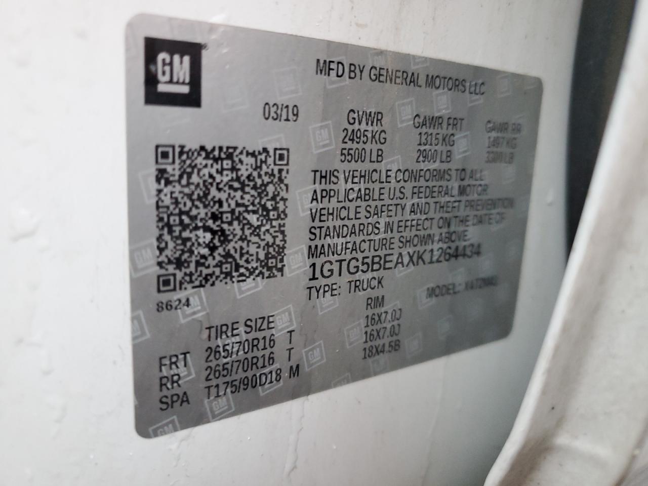 2019 GMC Canyon VIN 1GTG5BEAXK1264434 Copart auction photo, mechanical damage thumbnail 12