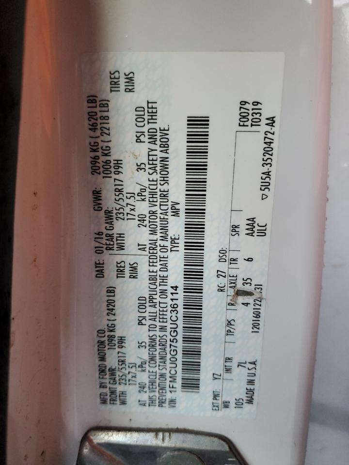 2016 Ford Escape VIN 1FMCU0G75GUC36114 Copart auction photo, front end damage thumbnail 13
