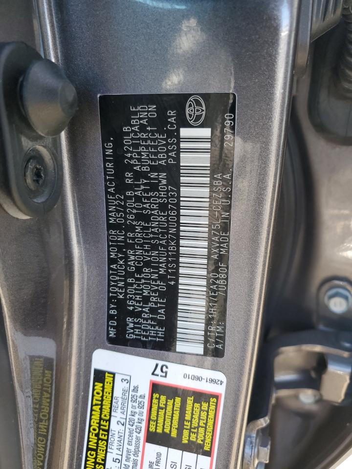 2022 Toyota Camry VIN 4T1S11BK7NU067037 Copart auction photo, front end damage thumbnail 14