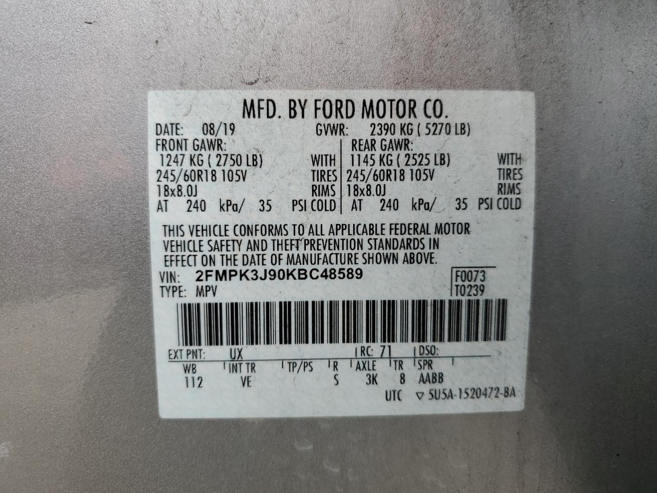 2019 Ford Edge VIN 2FMPK3J90KBC48589 Copart auction photo, front end / side damage thumbnail 14