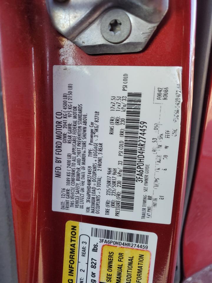 2017 Ford Fusion VIN 3FA6P0HD4HR274459 Copart auction photo, rear end damage thumbnail 12