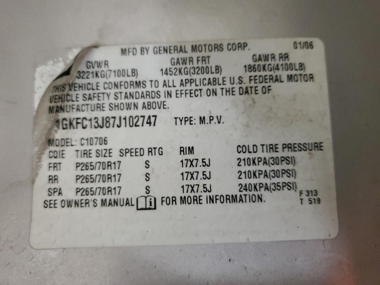 2007 GMC Yukon VIN 1GKFC13J87J102747 Copart auction photo, front end / rear end damage thumbnail 13