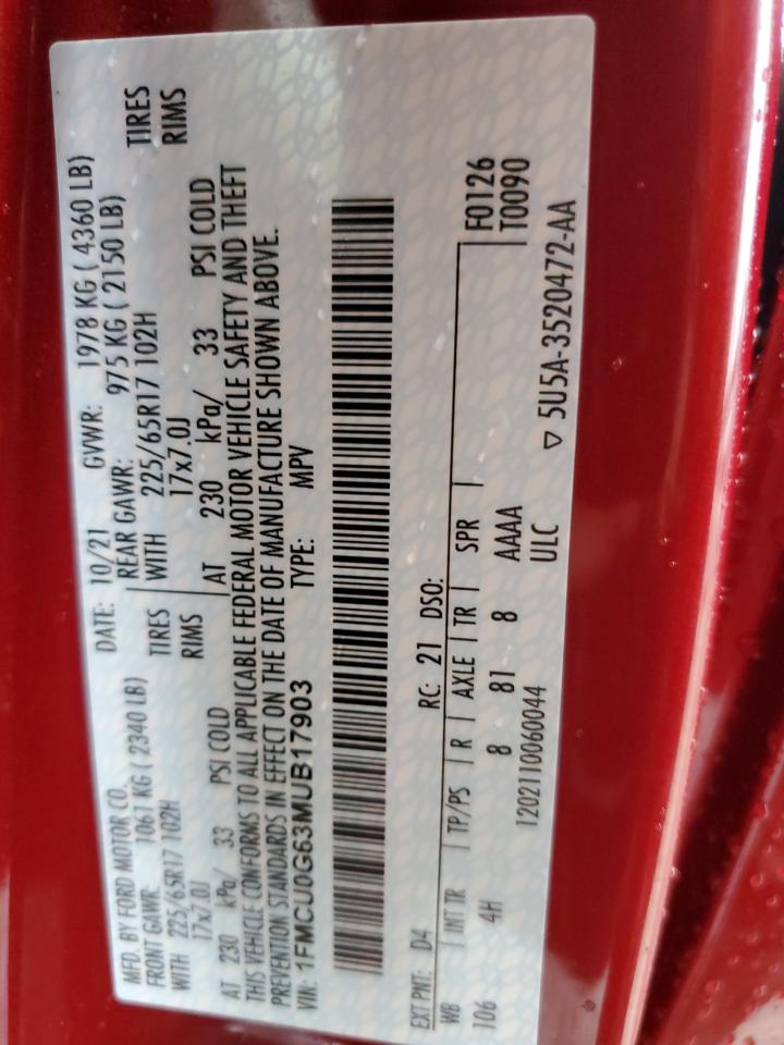 2021 Ford Escape VIN 1FMCU0G63MUB17903 Copart auction photo, side damage thumbnail 16