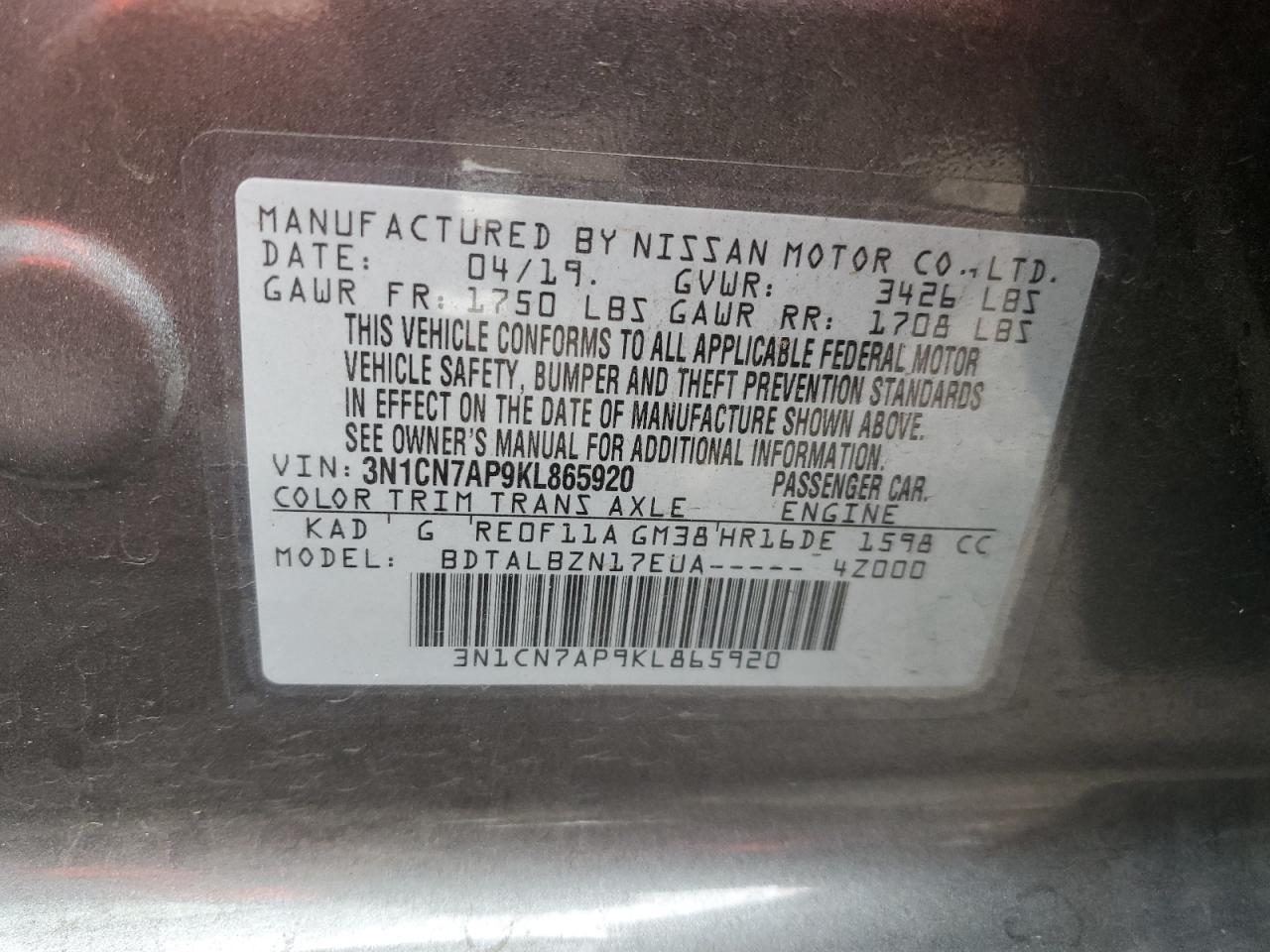 2019 Nissan Versa VIN 3N1CN7AP9KL865920 Copart auction photo, all over damage thumbnail 12
