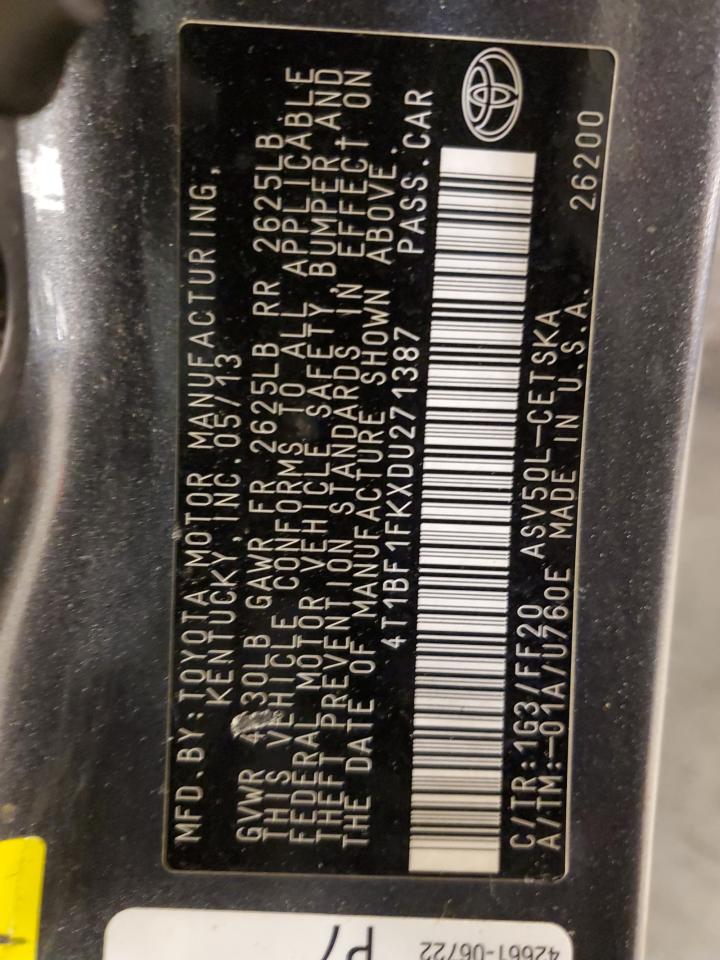 2013 Toyota Camry VIN 4T1BF1FKXDU271387 Copart auction photo, front end / rear end damage thumbnail 12