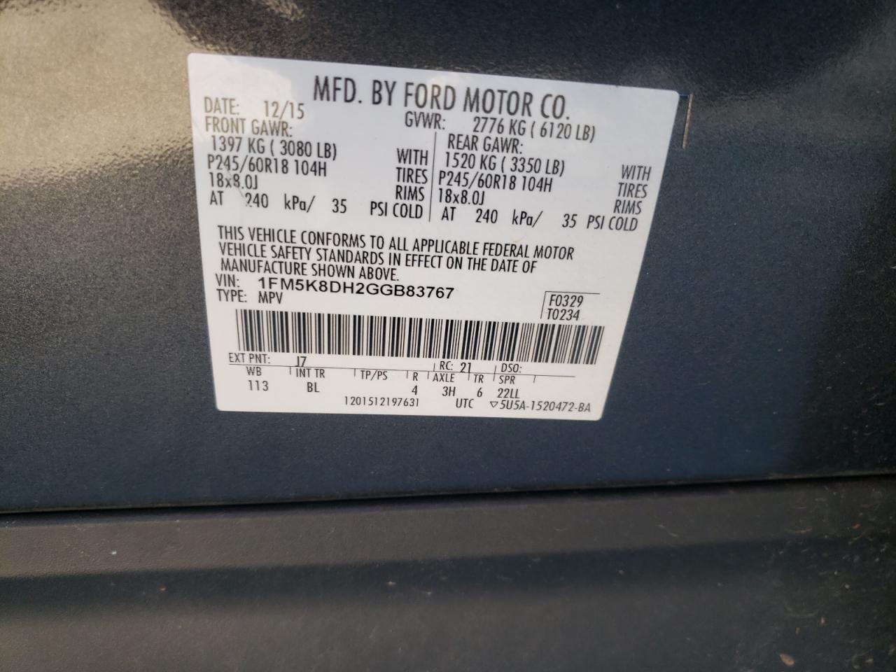 2016 Ford Explorer VIN 1FM5K8DH2GGB83767 Copart auction photo, front end / side damage thumbnail 13