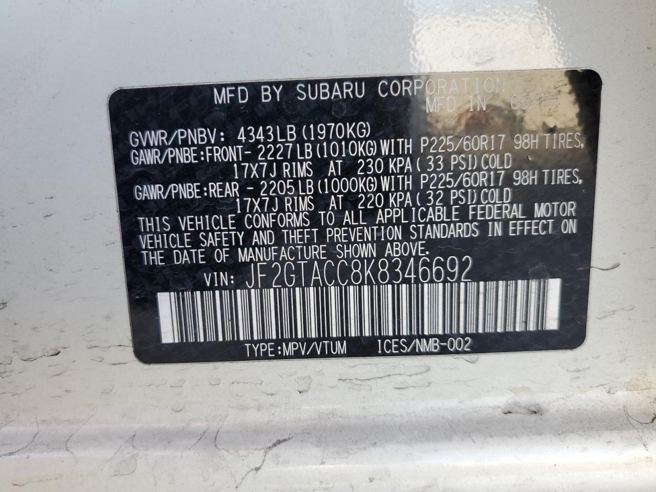 2019 Subaru XV VIN JF2GTACC8K8346692 Copart auction photo, front end damage thumbnail 12