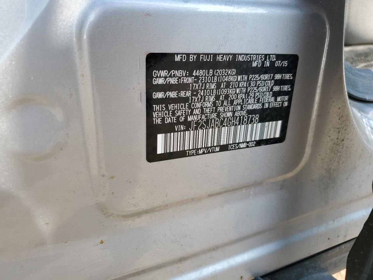 2016 Subaru Forester VIN JF2SJABC4GH418738 Copart auction photo, front end / side damage thumbnail 13