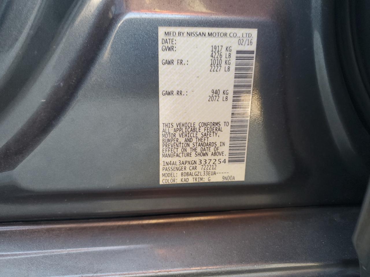 2016 Nissan Altima VIN 1N4AL3APXGN337254 Copart auction photo, front end damage thumbnail 12