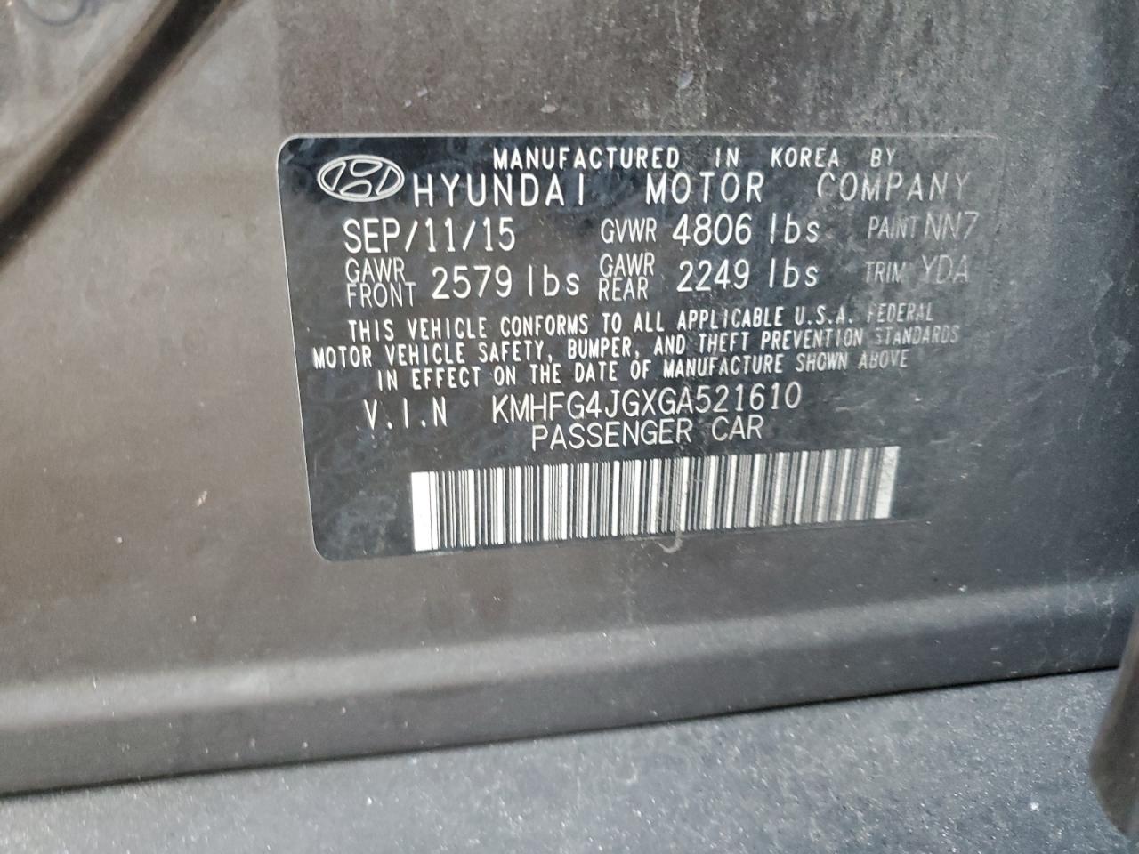 2016 Hyundai Azera VIN KMHFG4JGXGA521610 Copart auction photo, rear end damage thumbnail 14