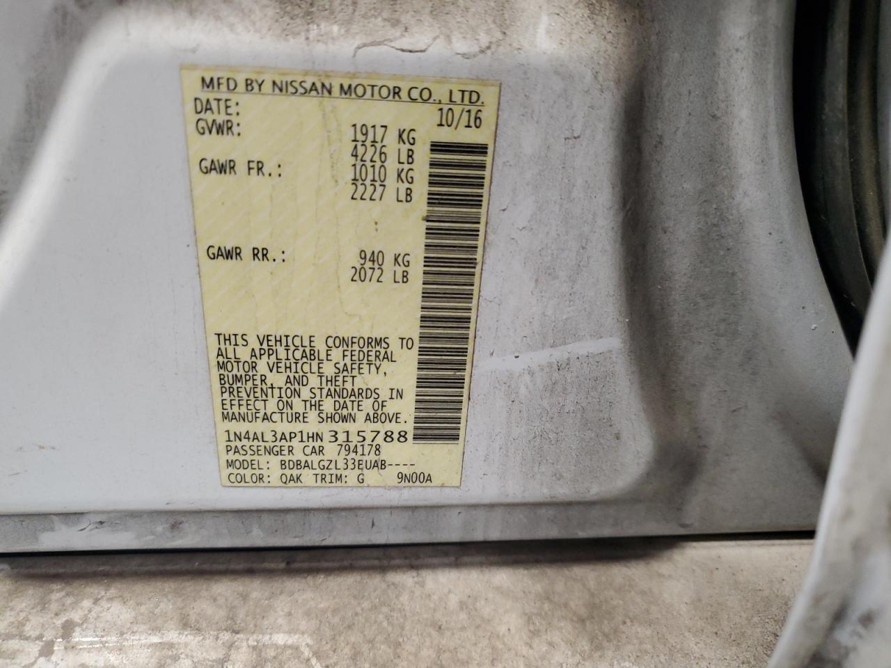 2017 Nissan Altima VIN 1N4AL3AP1HN315788 Copart auction photo, water/flood / front end damage thumbnail 13