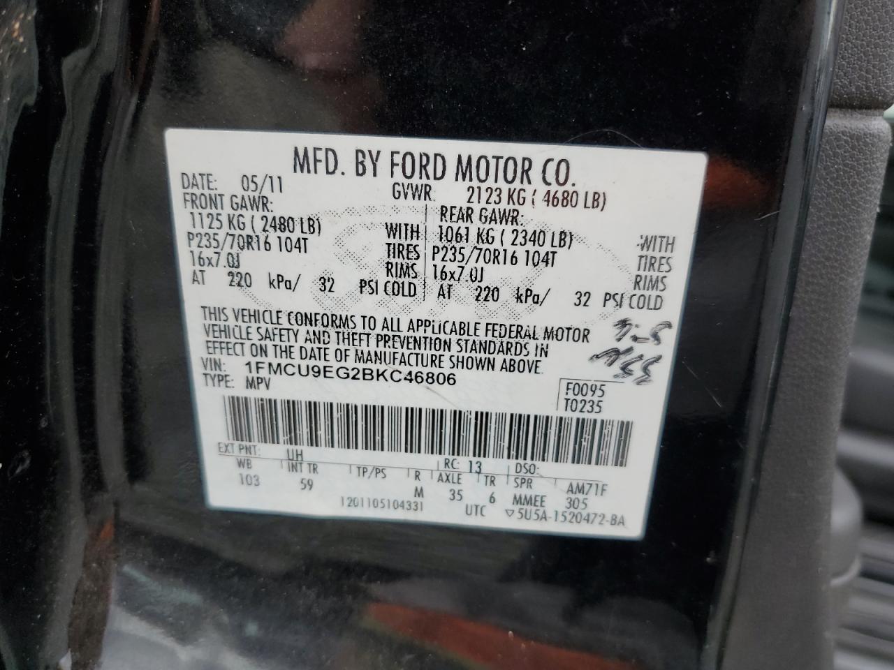 2011 Ford Escape VIN 1FMCU9EG2BKC46806 Copart auction photo, rear end damage thumbnail 14
