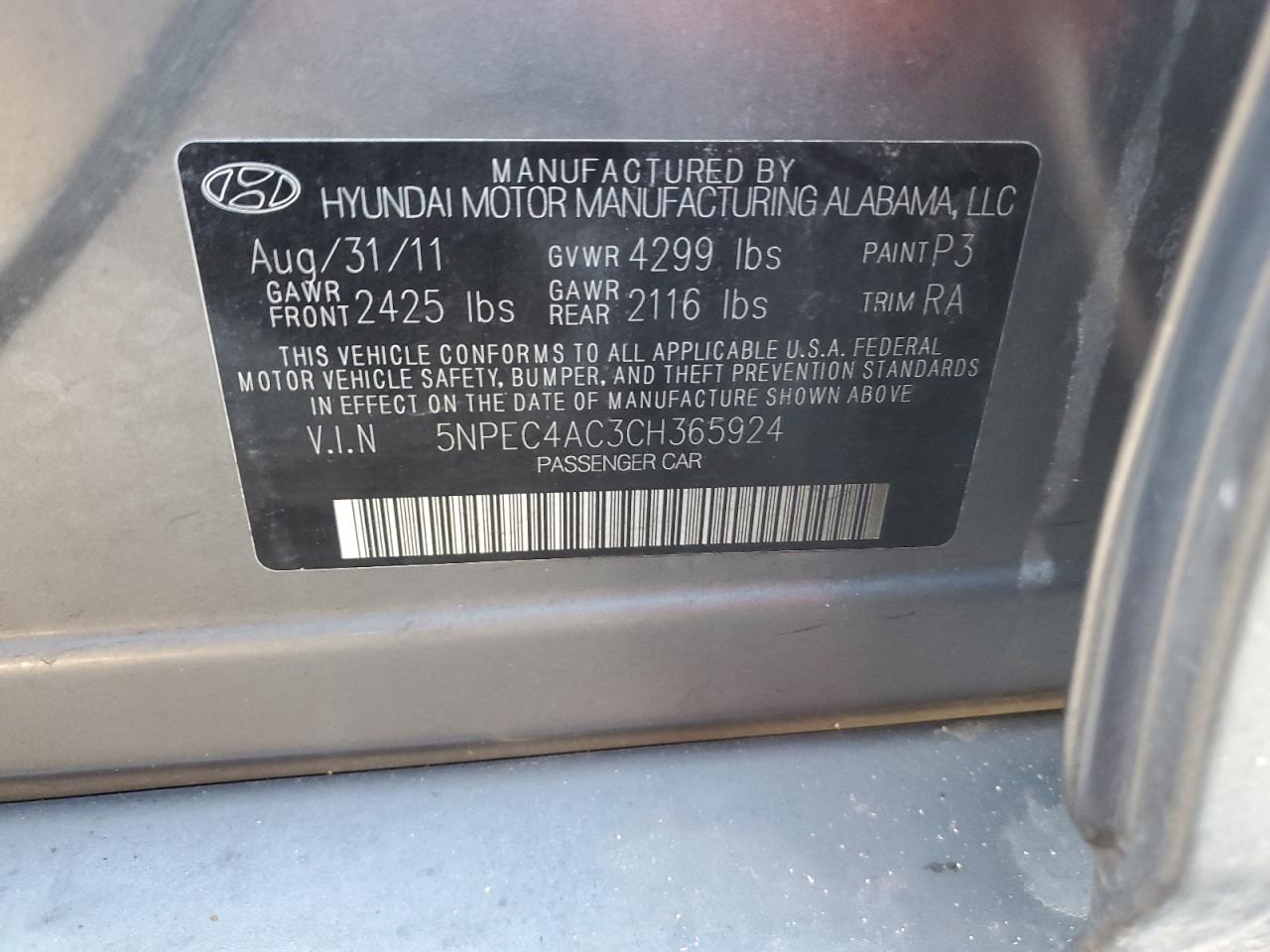 2012 Hyundai Sonata VIN 5NPEC4AC3CH365924 Copart auction photo, front end / side damage thumbnail 15