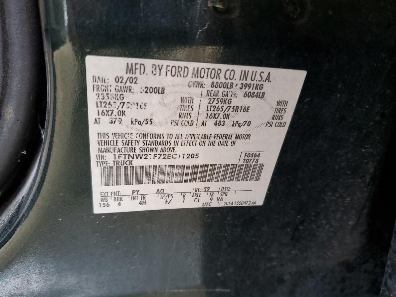 2002 Ford F250 VIN 1FTNW21F72EC11205 Copart auction photo, all over damage thumbnail 12