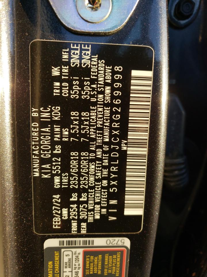 2024 KIA Sorento VIN 5XYRLDJCXRG269998 Copart auction photo, water/flood damage thumbnail 14