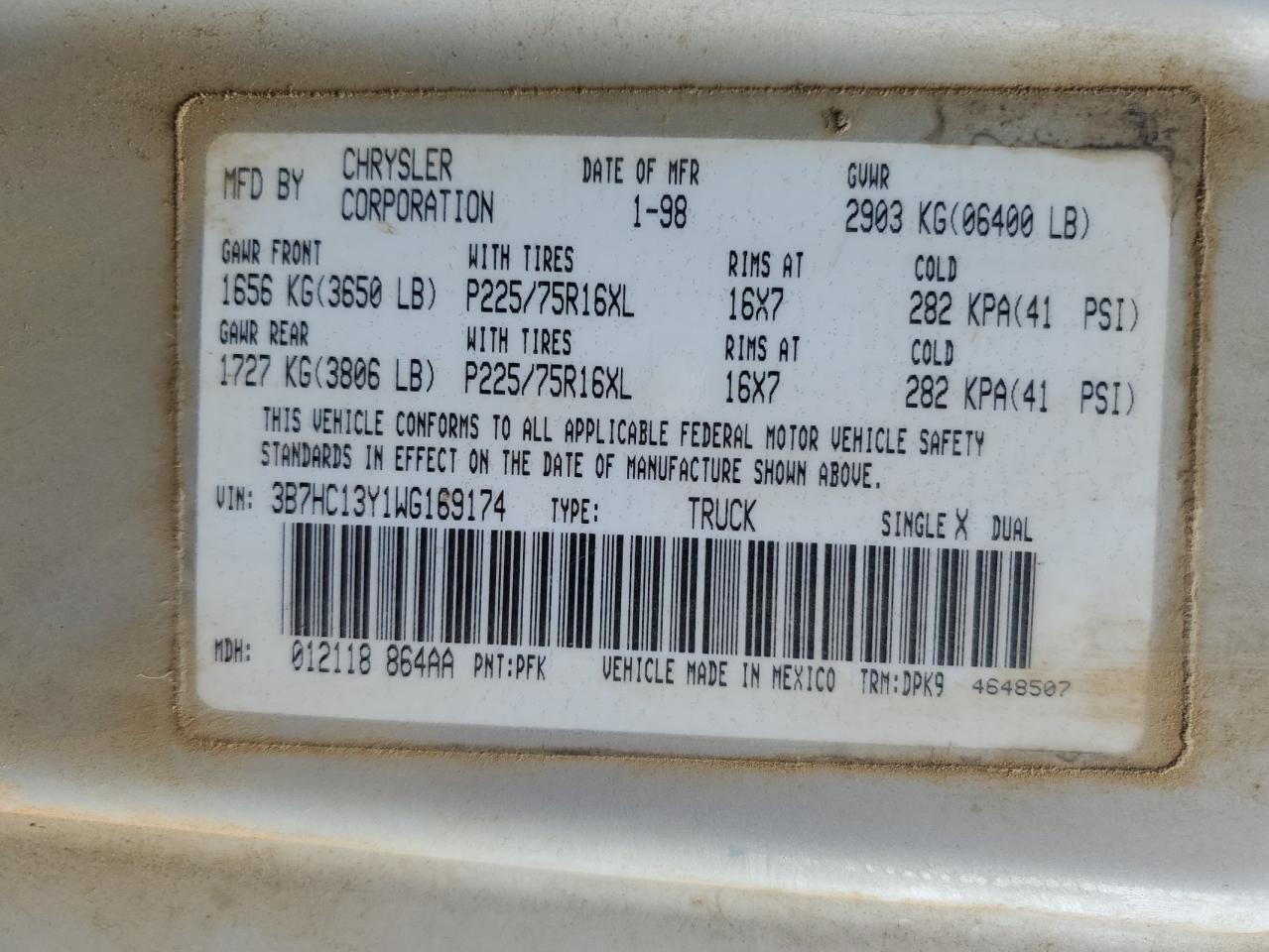 1998 Dodge RAM VIN 3B7HC13Y1WG169174 Copart auction photo, front end damage thumbnail 15