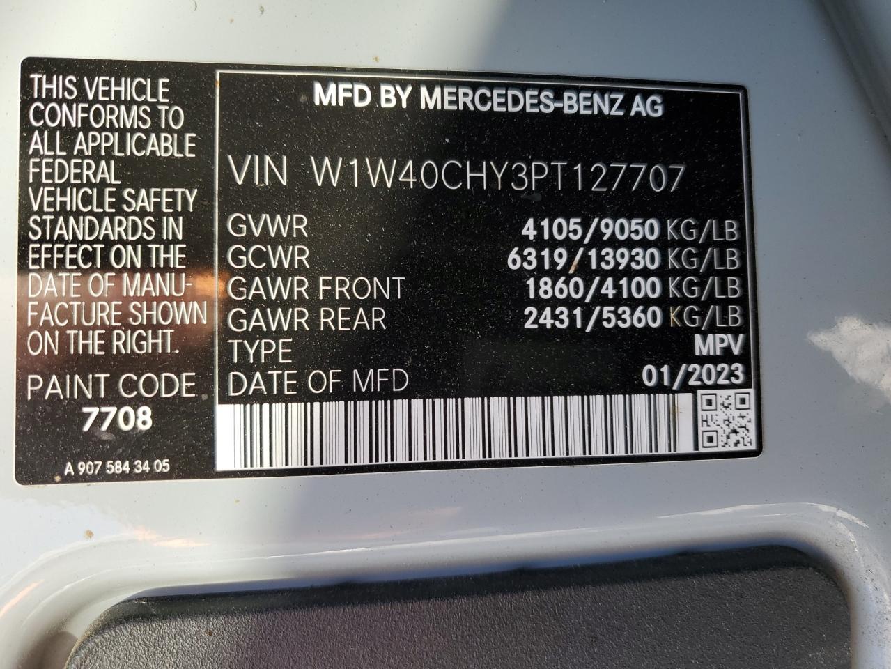 2023 Mercedes-Benz Sprinter VIN W1W40CHY3PT127707 Copart auction photo, side / minor dent/scratches damage thumbnail 13
