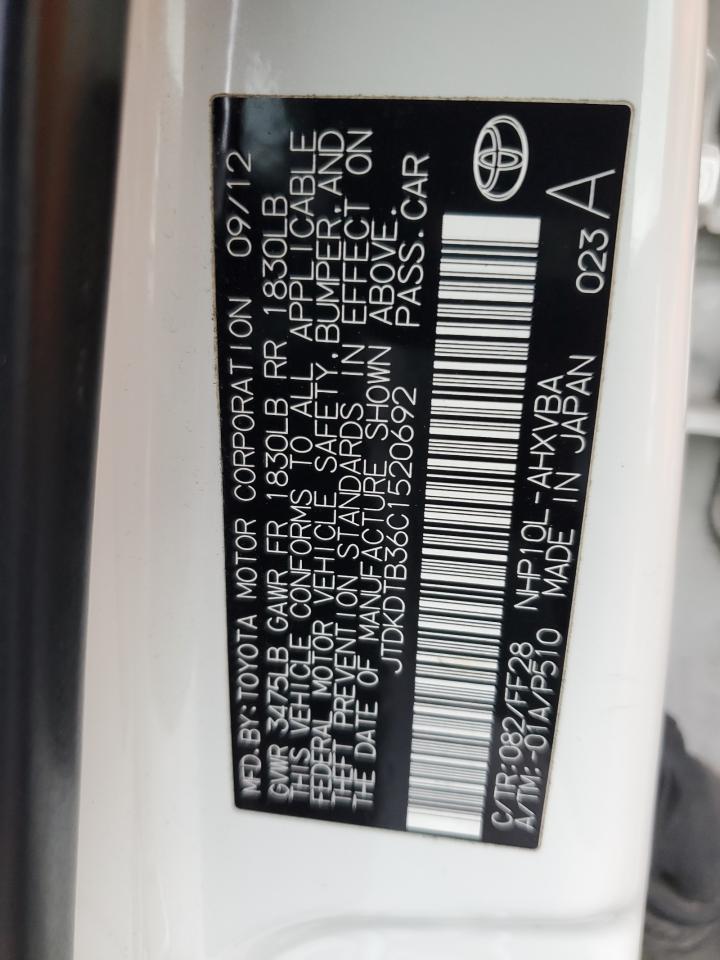2012 Toyota Prius VIN JTDKDTB36C1520692 Copart auction photo, rear end damage thumbnail 12