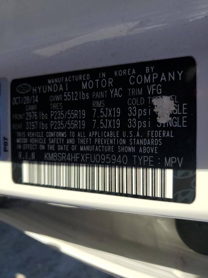 2015 Hyundai Santa Fe VIN KM8SR4HFXFU095940 Copart auction photo, burn / front end damage thumbnail 13