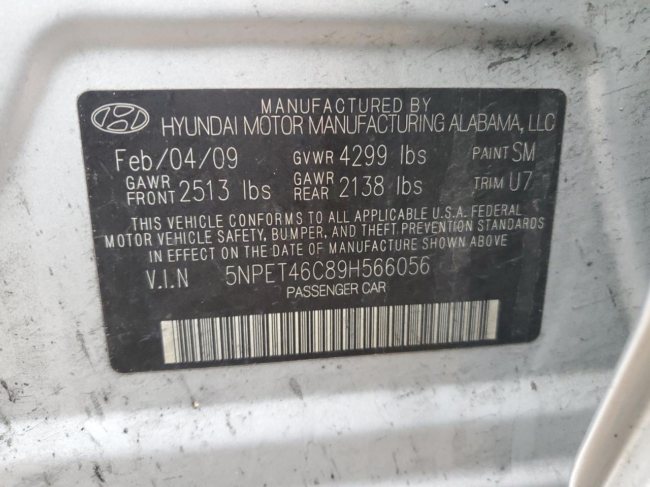 2009 Hyundai Sonata VIN 5NPET46C89H566056 Copart auction photo, minor dent/scratches damage thumbnail 12