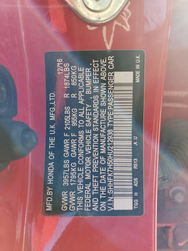 2017 Honda Civic VIN SHHFK7H50HU212938 Copart auction photo, side / undercarriage damage thumbnail 12