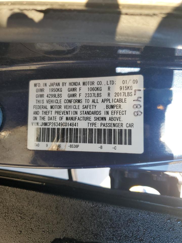 2009 Honda Accord VIN JHMCP26349C014841 Copart auction photo, top/roof / minor dent/scratches damage thumbnail 12