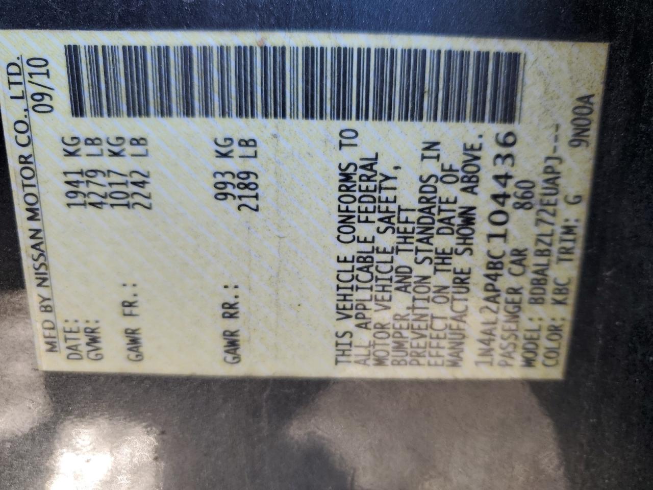 2011 Nissan Altima VIN 1N4AL2AP4BC104436 Copart auction photo, front end damage thumbnail 13