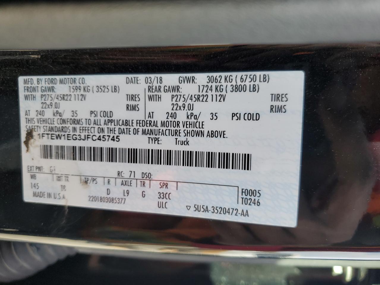 2018 Ford F-150 VIN 1FTEW1EG3JFC45745 Copart auction photo, front end damage thumbnail 12
