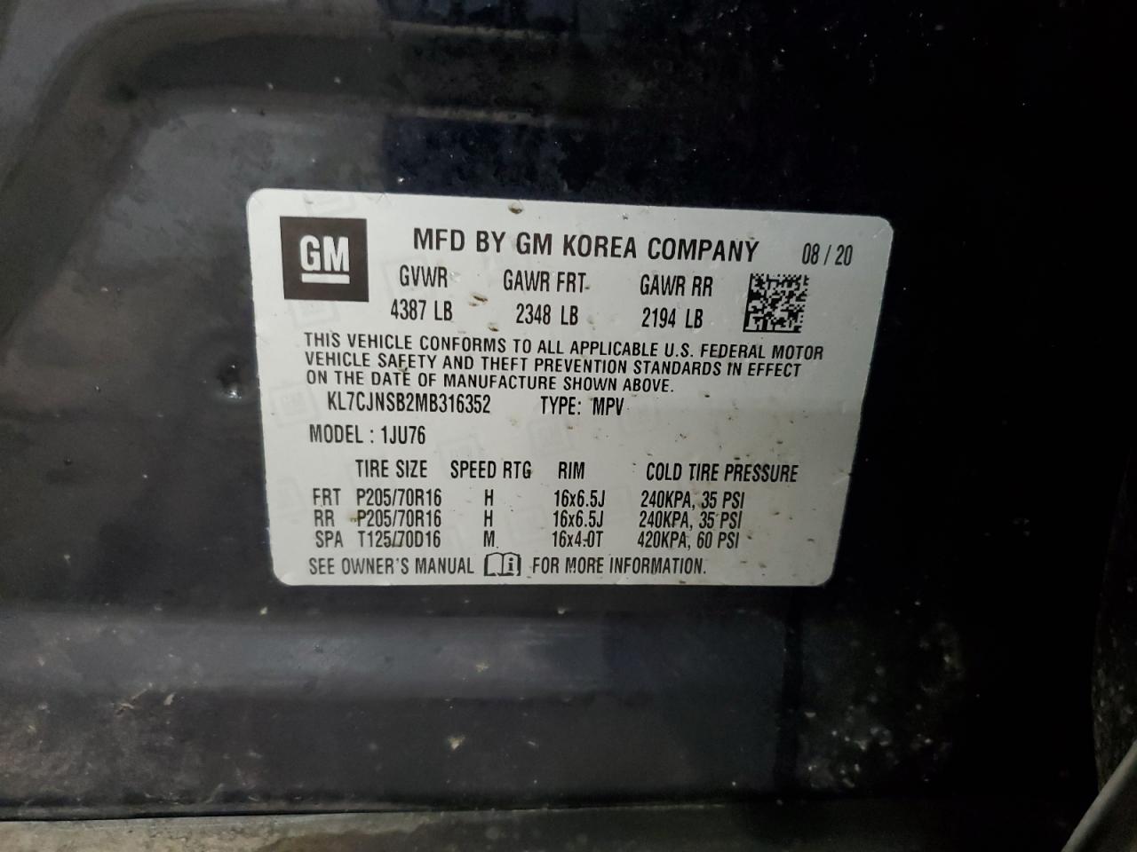 2021 Chevrolet Trax VIN KL7CJNSB2MB316352 Copart auction photo, front end / side damage thumbnail 15