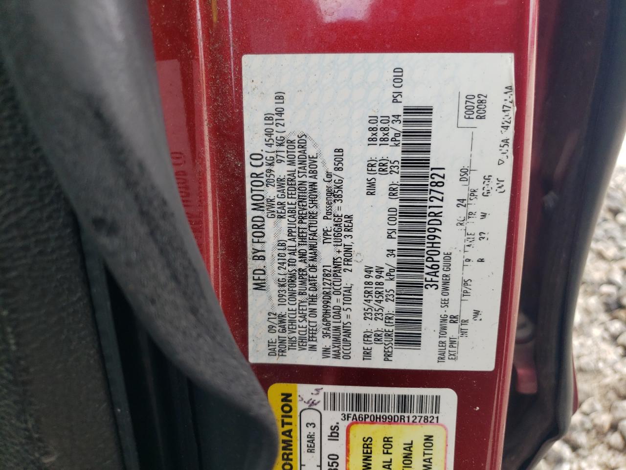 2013 Ford Fusion VIN 3FA6P0H99DR127821 Copart auction photo, front end / mechanical damage thumbnail 12