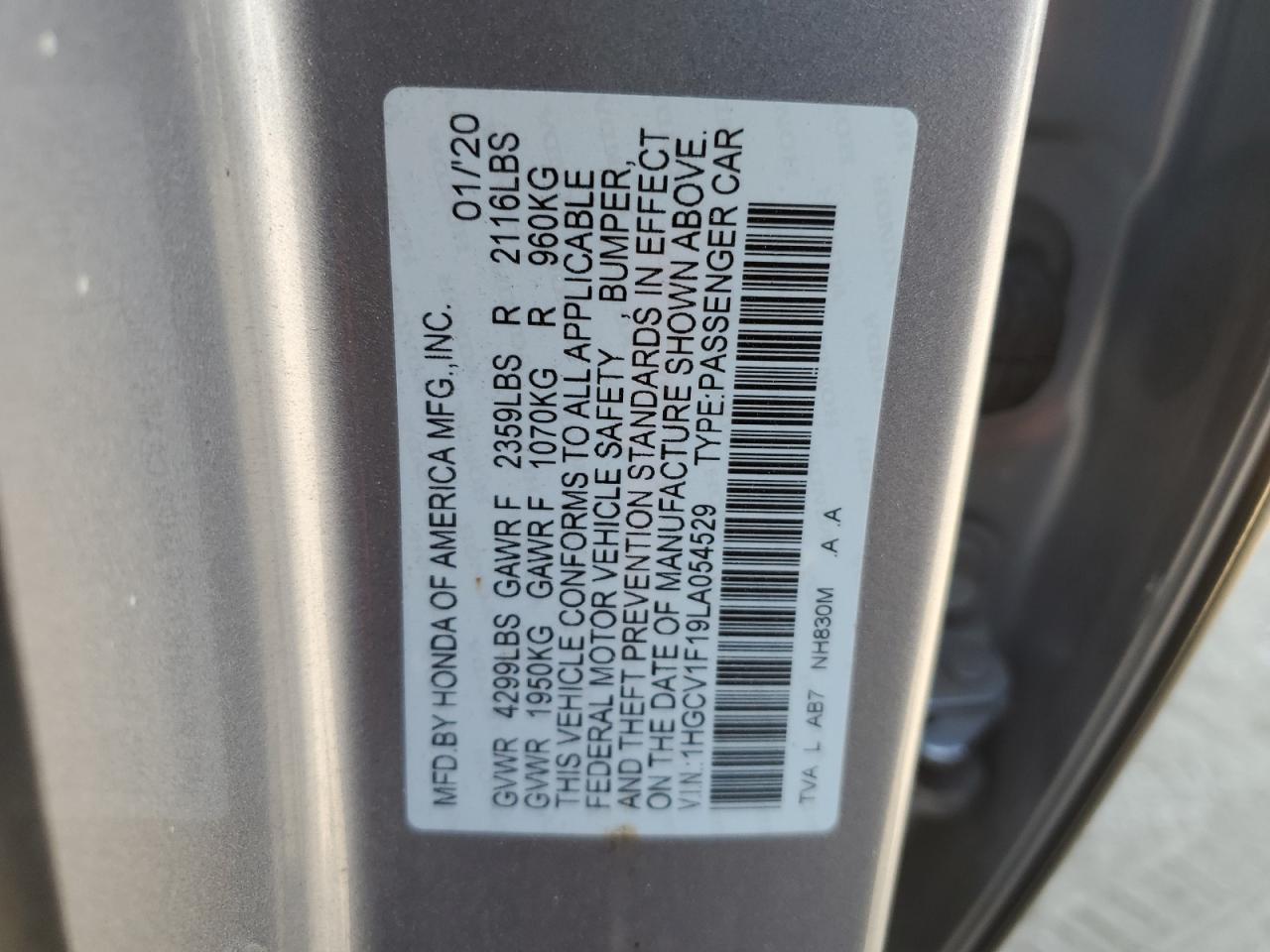 2020 Honda Accord VIN 1HGCV1F19LA054529 Copart auction photo, front end / undercarriage damage thumbnail 12