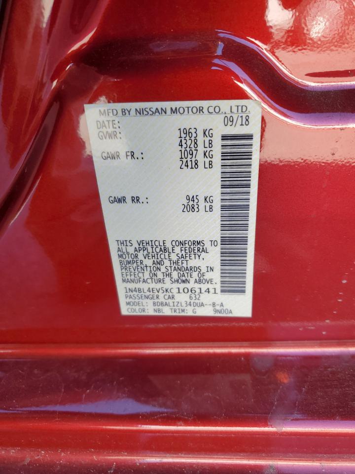 2019 Nissan Altima VIN 1N4BL4EV5KC106141 Copart auction photo, rear end / front end damage thumbnail 12