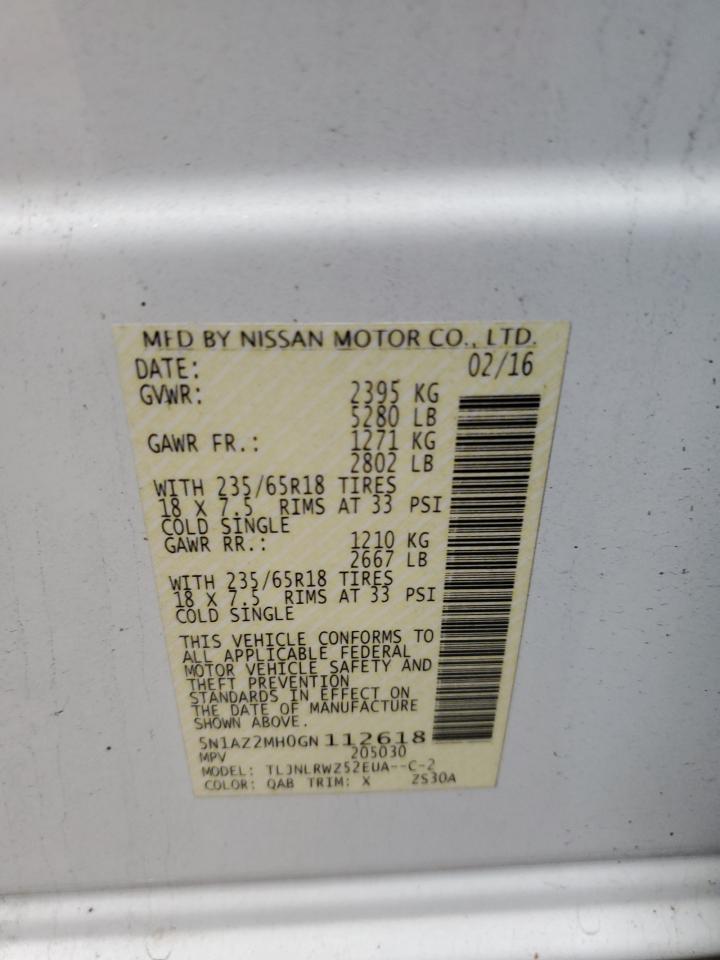 2016 Nissan Murano VIN 5N1AZ2MH0GN112618 Copart auction photo, front end damage thumbnail 14