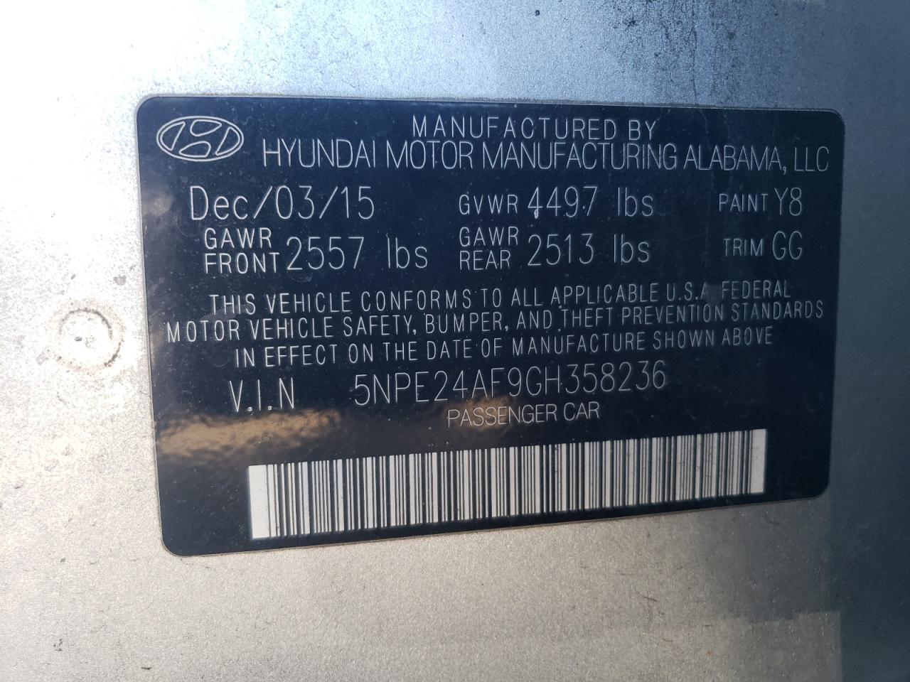 2016 Hyundai Sonata VIN 5NPE24AF9GH358236 Copart auction photo, side / front end damage thumbnail 12