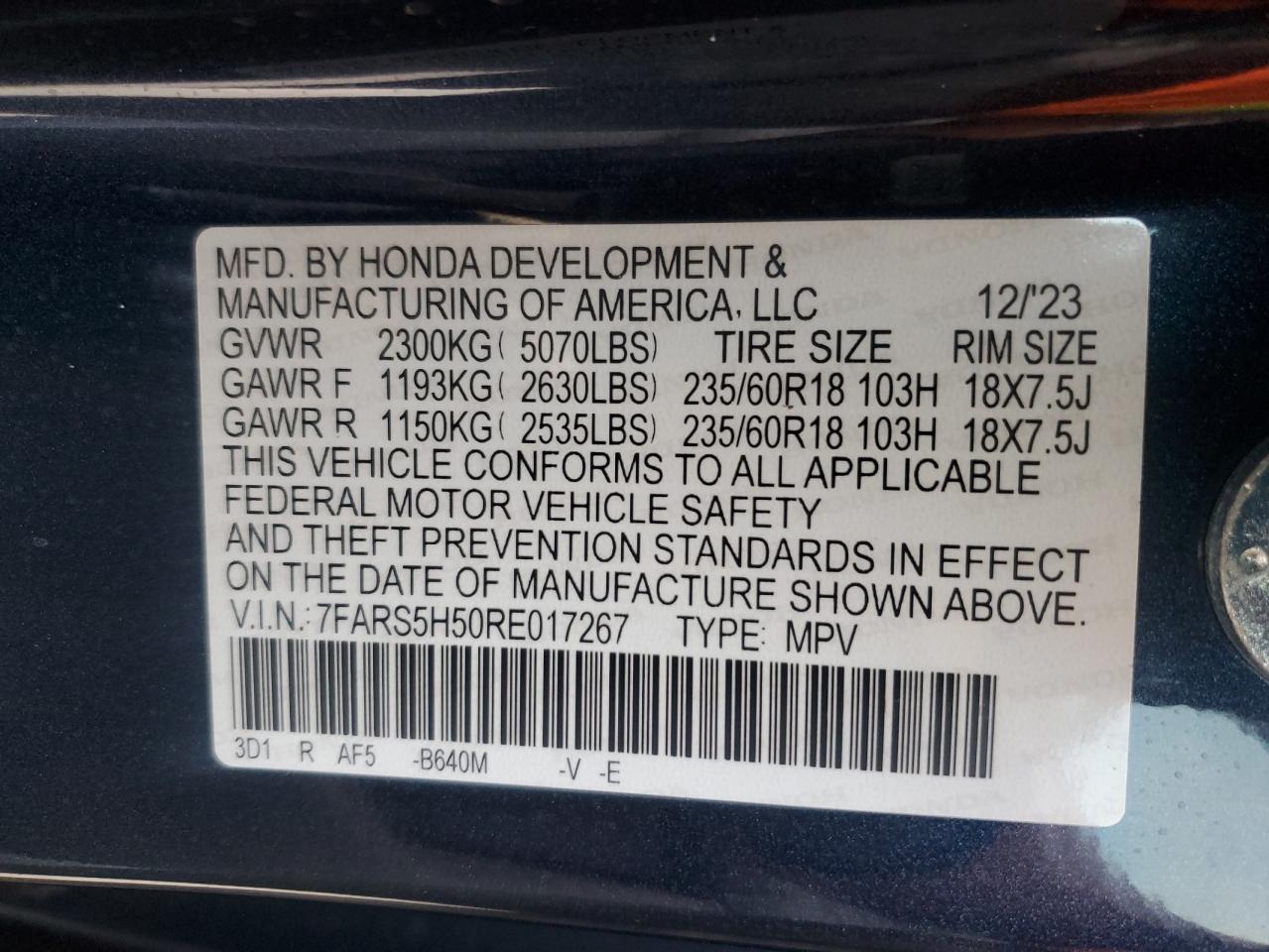 2024 Honda CR-V VIN 7FARS5H50RE017267 Copart auction photo, front end damage thumbnail 14