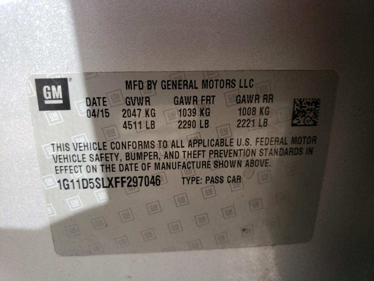 2015 Chevrolet Malibu VIN 1G11D5SLXFF297046 Copart auction photo, side damage thumbnail 12