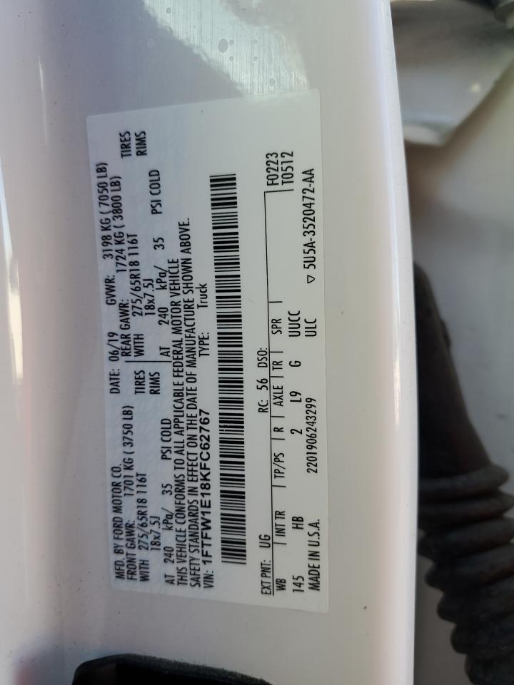 2019 Ford F-150 VIN 1FTFW1E18KFC62767 Copart auction photo, normal wear damage thumbnail 12