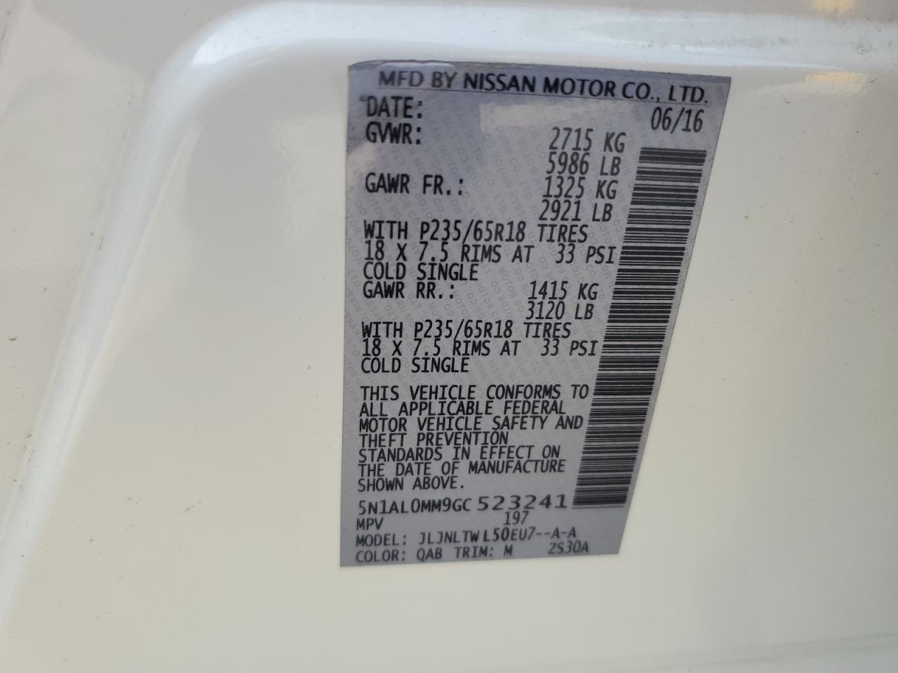 2016 Infiniti QX60 VIN 5N1AL0MM9GC523241 Copart auction photo, rear end damage thumbnail 16