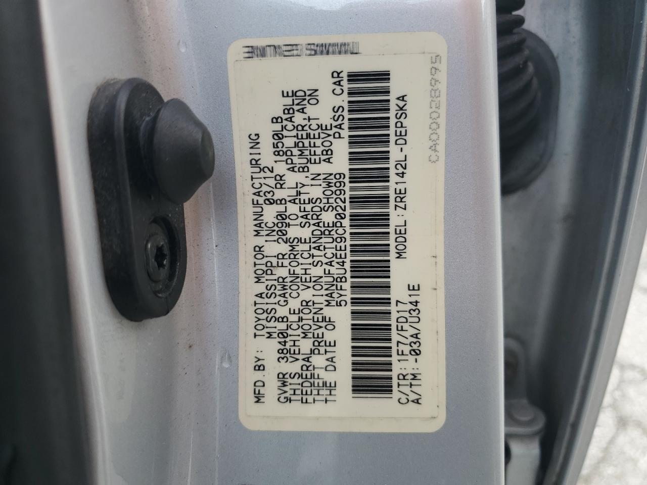 2012 Toyota Corolla VIN 5YFBU4EE9CP022999 Copart auction photo, front end damage thumbnail 13