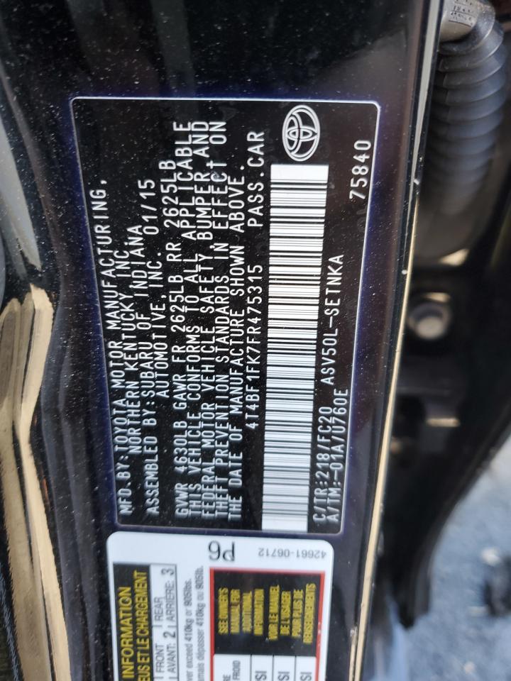 2015 Toyota Camry VIN 4T4BF1FK7FR475315 Copart auction photo, side / front end damage thumbnail 12
