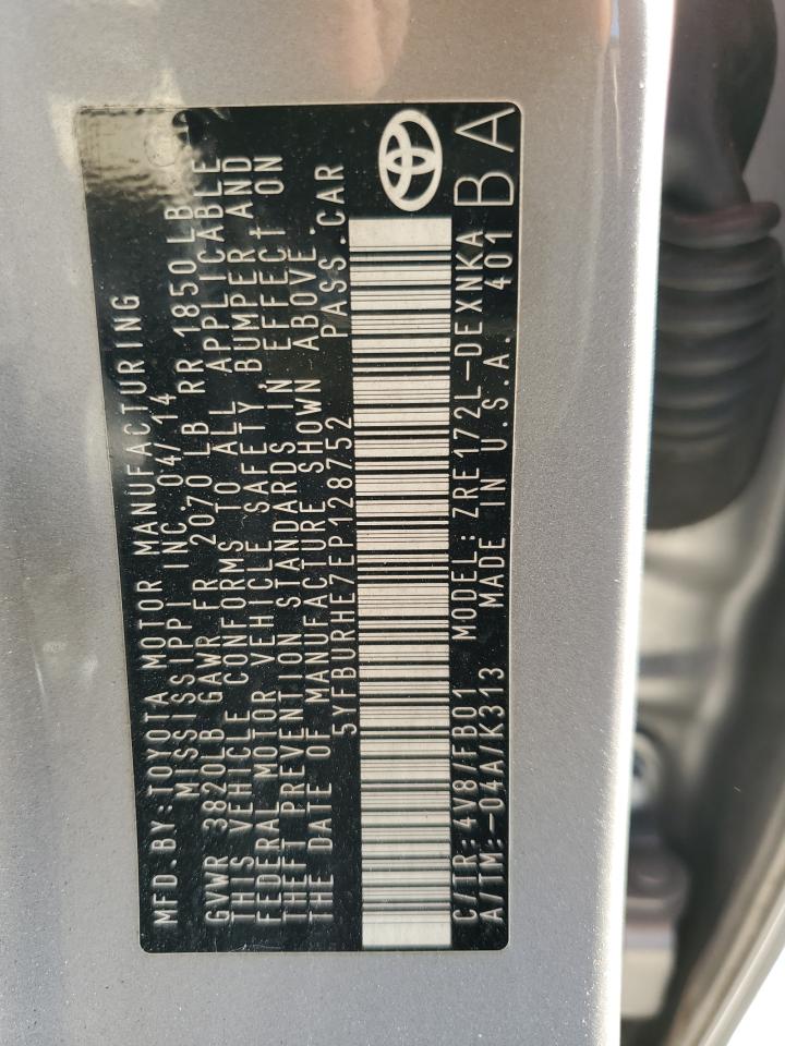2014 Toyota Corolla VIN 5YFBURHE7EP128752 Copart auction photo, rear end damage thumbnail 12