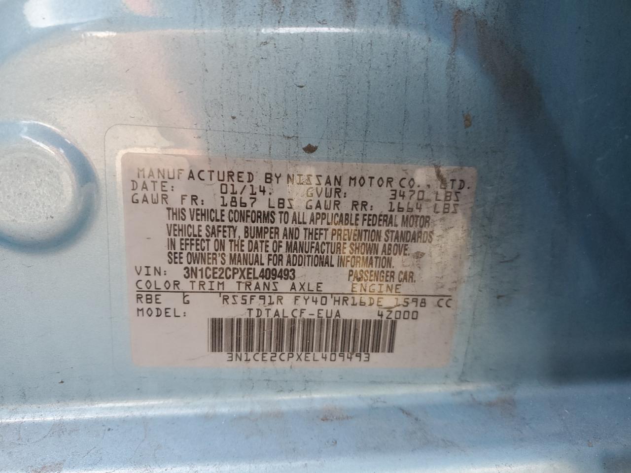 2014 Nissan Versa VIN 3N1CE2CPXEL409493 Copart auction photo, rear end damage thumbnail 12