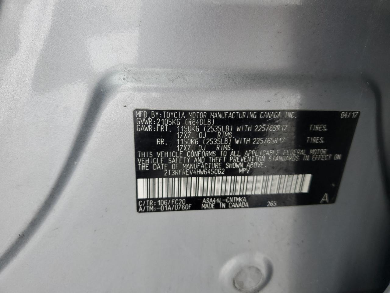 2017 Toyota RAV 4 VIN 2T3RFREV4HW645062 Copart auction photo, front end damage thumbnail 13