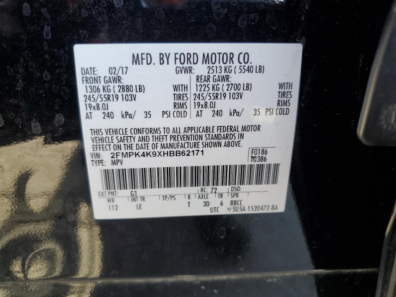 2017 Ford Edge VIN 2FMPK4K9XHBB62171 Copart auction photo, front end damage thumbnail 13