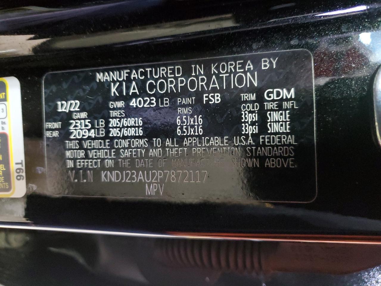 2023 KIA Soul VIN KNDJ23AU2P7872117 Copart auction photo, front end damage thumbnail 14