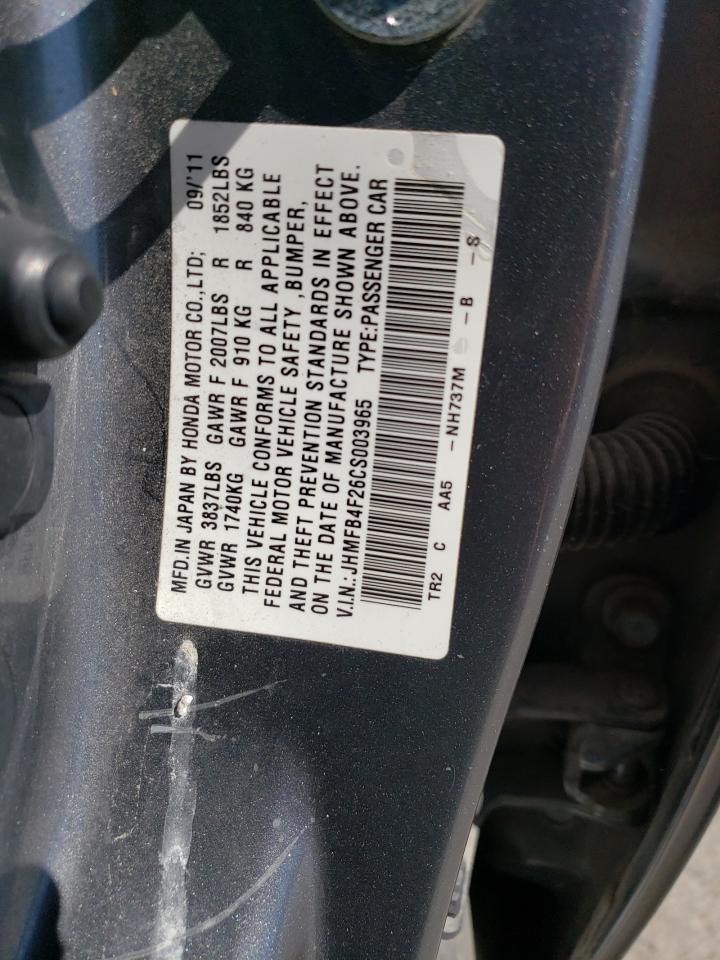 2012 Honda Civic VIN JHMFB4F26CS003965 Copart auction photo, rear end / side damage thumbnail 12