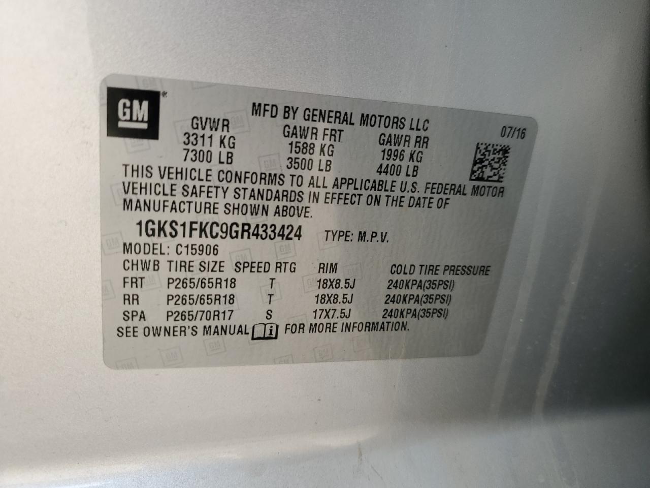 2016 GMC Yukon VIN 1GKS1FKC9GR433424 Copart auction photo, burn - interior / front end damage thumbnail 13