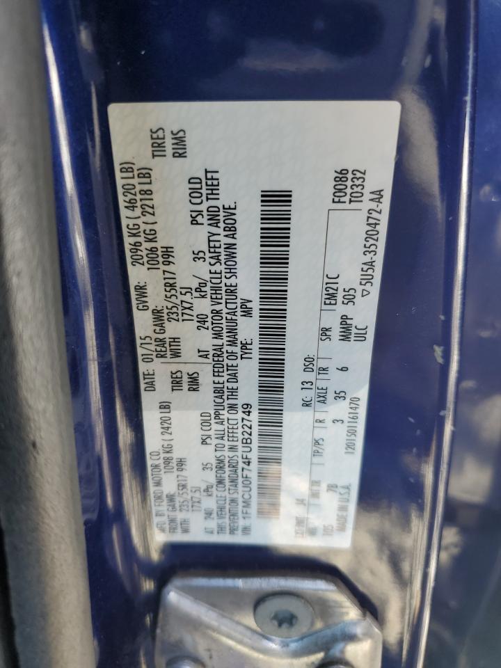 2015 Ford Escape VIN 1FMCU0F74FUB22749 Copart auction photo, side / front end damage thumbnail 13