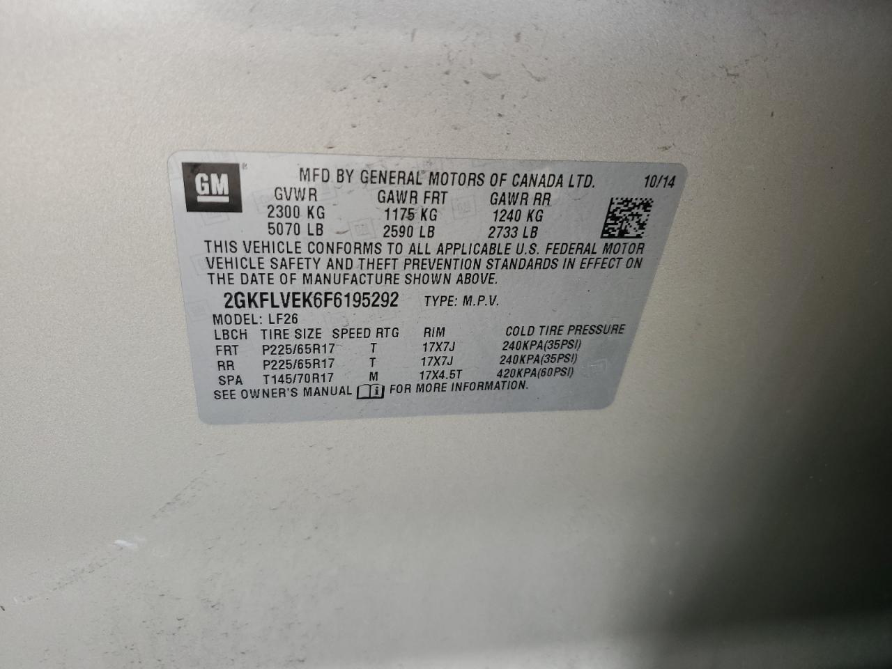 2015 GMC Terrain VIN 2GKFLVEK6F6195292 Copart auction photo, all over damage thumbnail 13