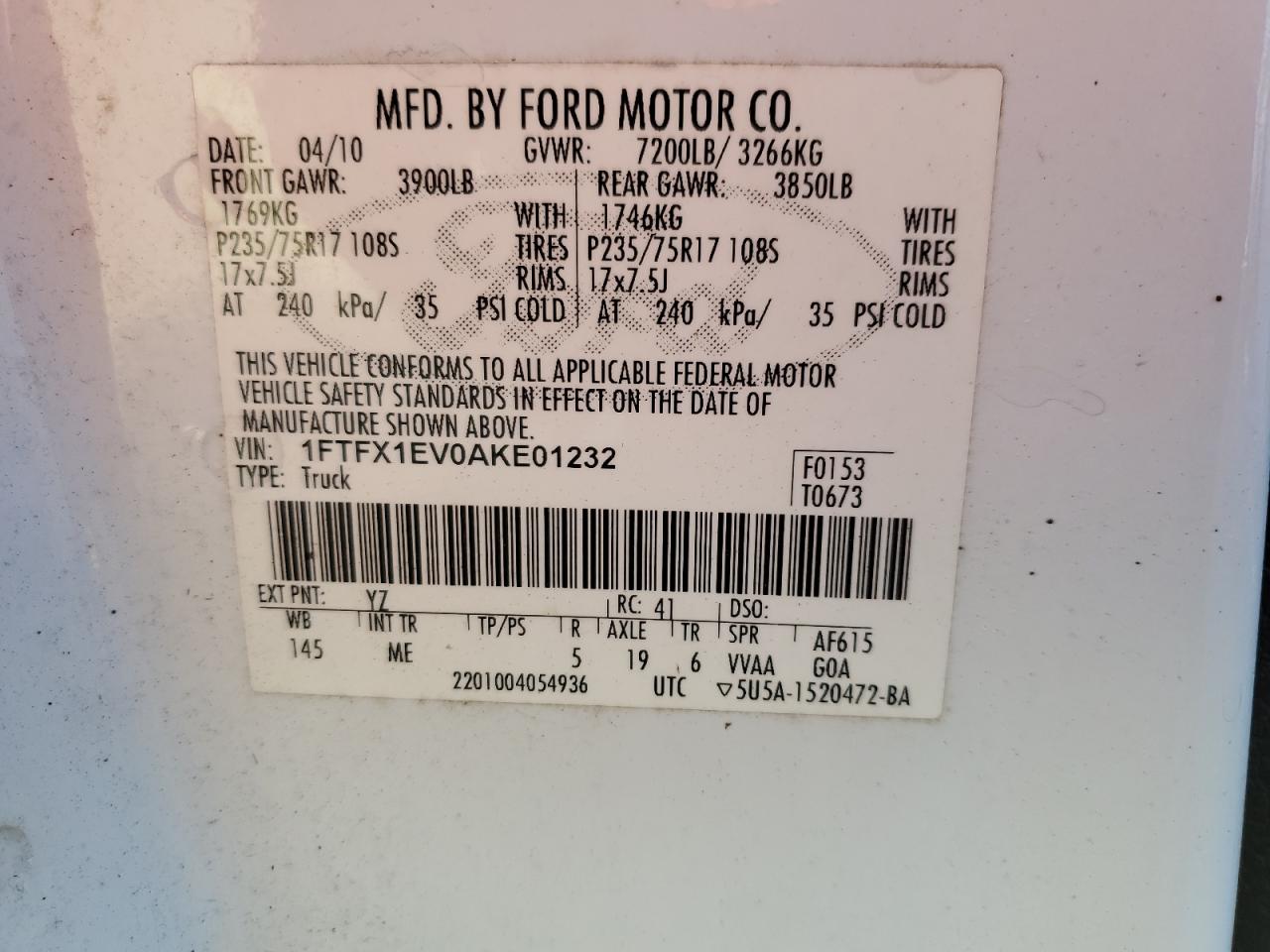 2010 Ford F-150 VIN 1FTFX1EV0AKE01232 Copart auction photo, water/flood damage thumbnail 13